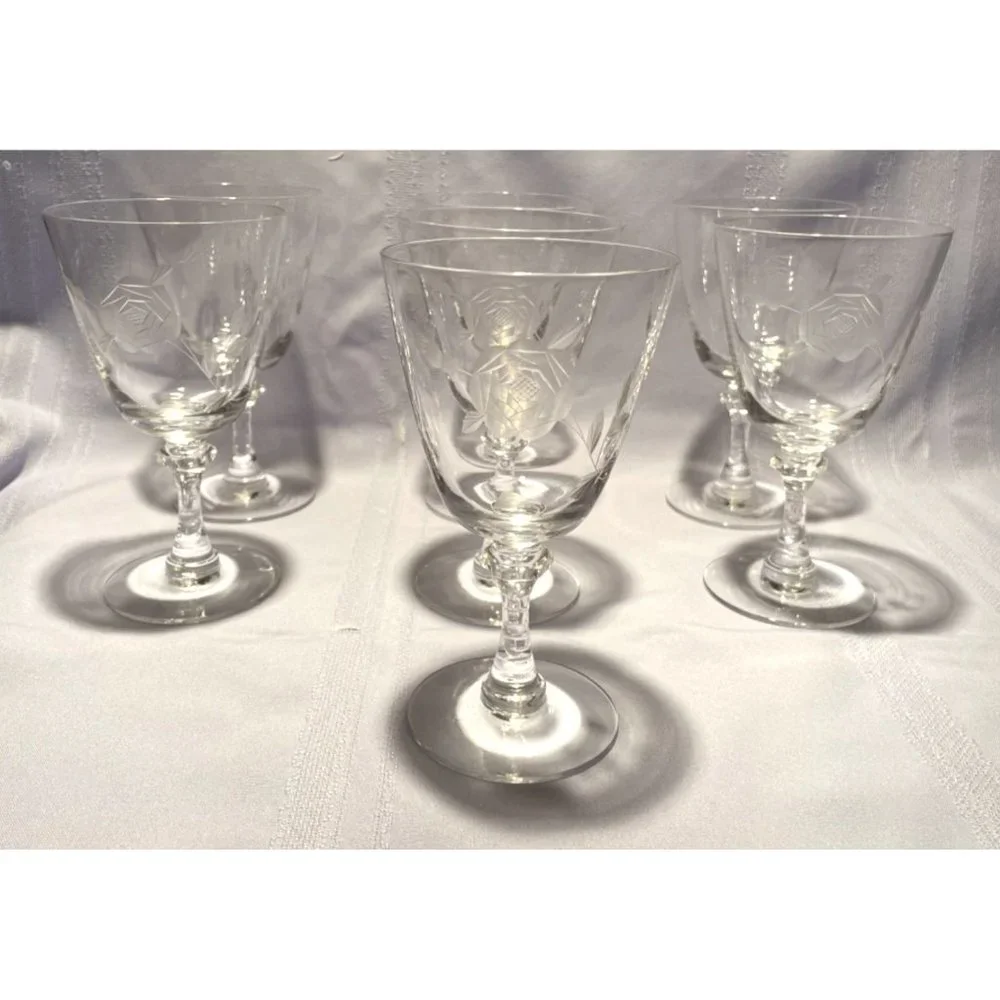Set of 7 Crystal Rose Etched Iced Tea Glasses Cut Glass Stem Bubbles Vintage - Picture 9 of 10